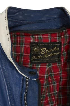 Vintage Blue & White Cowhide Brooks Motorcycle Jacket -Fashion clothing 05LTX 004 3