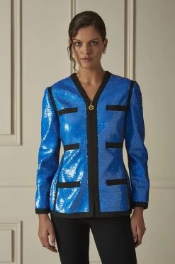 Chanel Blue Sequined Collarless Zip Blazer
