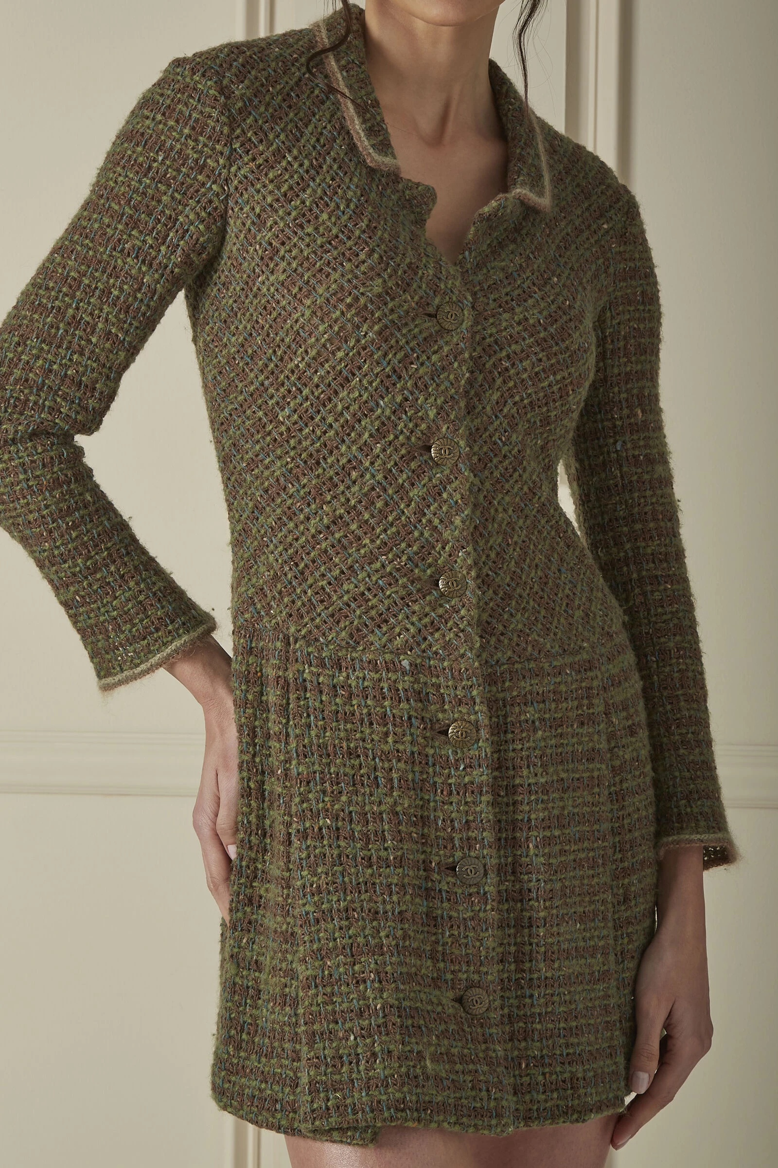Chanel Green & Brown Woven Tweed Mini Dress 3 Chanel Green & Brown Woven Tweed Mini Dress - Image 3