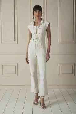 Fashion clothing 34 Chanel Cream Tweed Lace-Up Jumpsuit