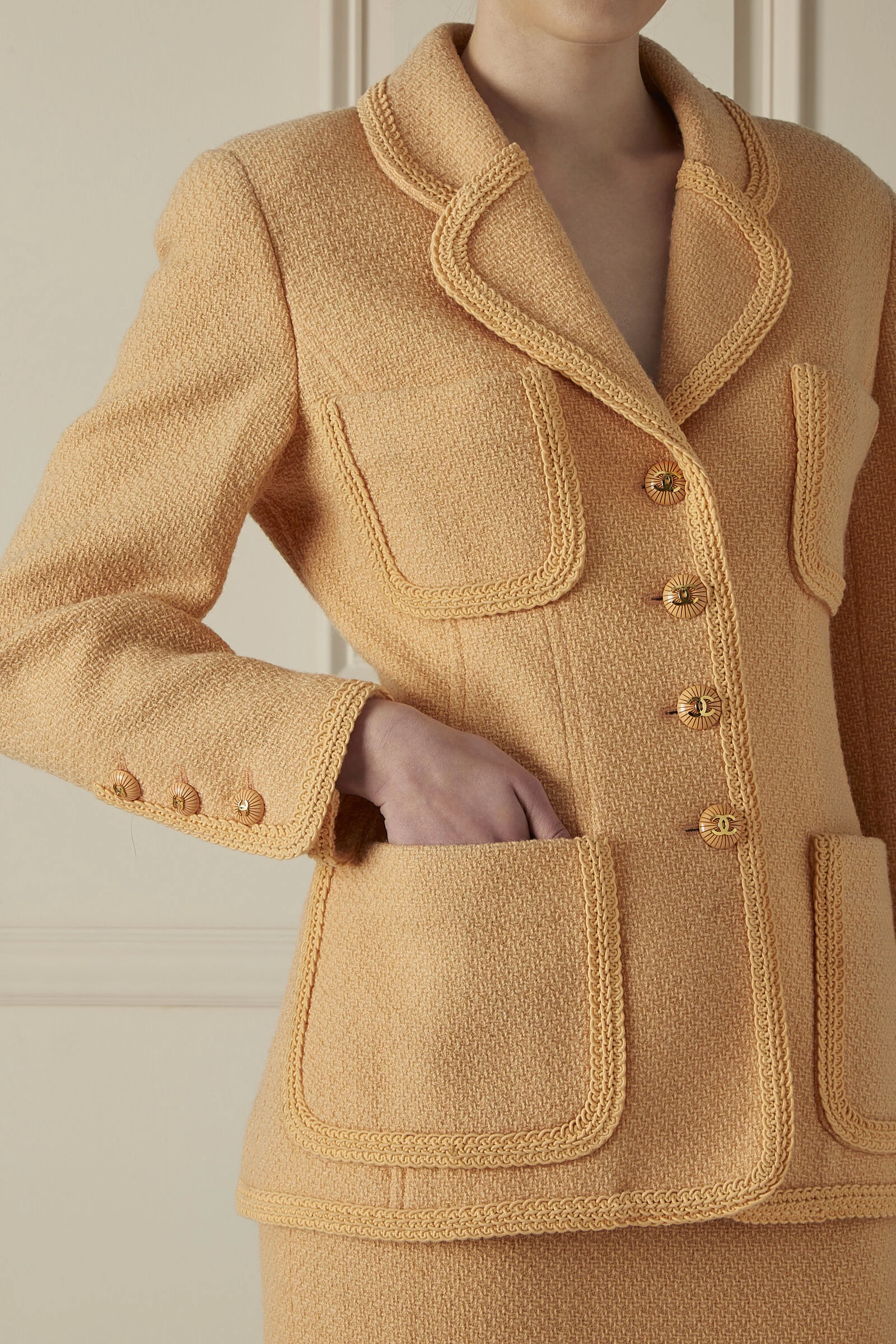 Chanel Pastel Orange Wool Tweed Skirt Suit Set 3 Chanel Pastel Orange Wool Tweed Skirt Suit Set - Image 3