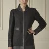 Chanel Grey Herringbone Wool Leather Trim Coat