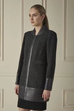 Chanel Grey Herringbone Wool Leather Trim Coat -Fashion clothing 60CHW 223 3
