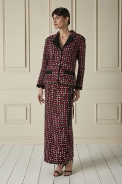 Chanel Red & Navy Wool Blend Tweed Maxi Skirt Suit