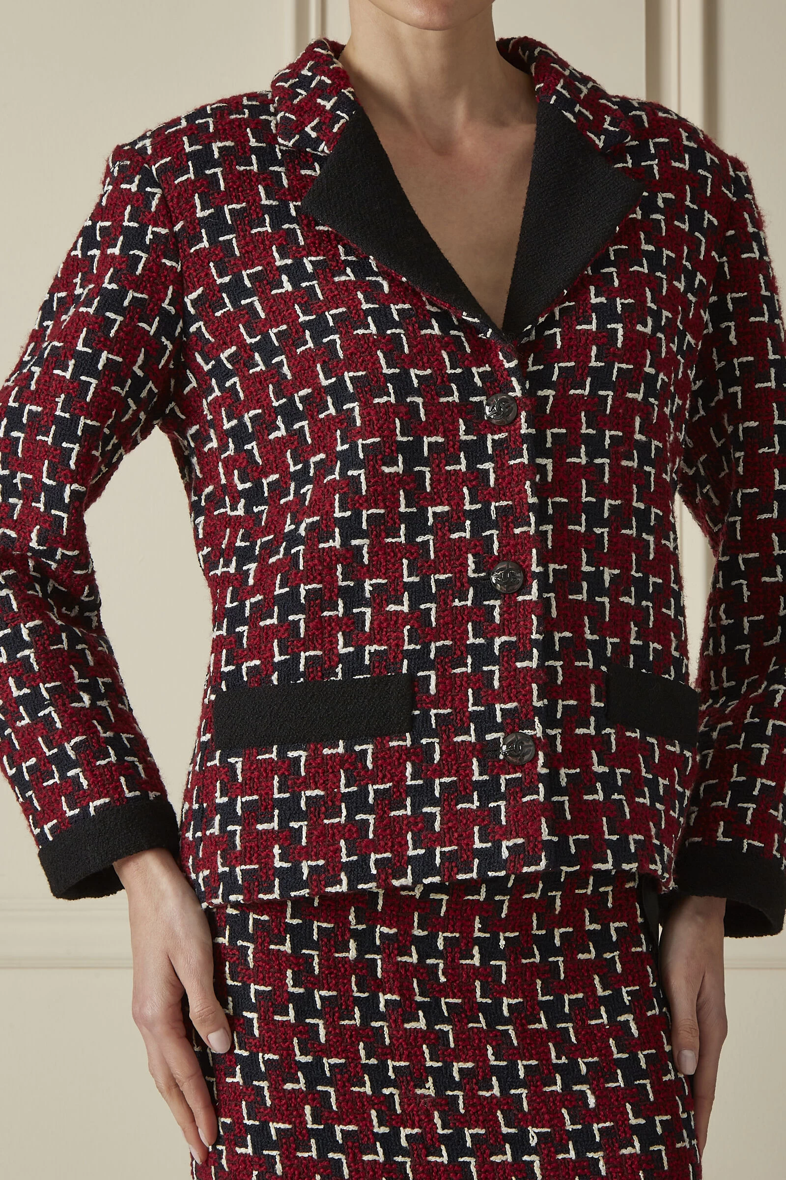 Chanel Red & Navy Wool Blend Tweed Maxi Skirt Suit 3 Chanel Red & Navy Wool Blend Tweed Maxi Skirt Suit - Image 3