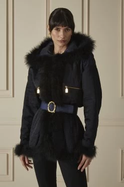 Chanel Iridescent Navy Silk Quilted Puffer Coat