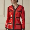 Chanel Red Sequined Collarless Zip Blazer