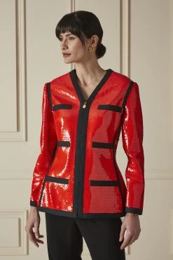 Chanel Red Sequined Collarless Zip Blazer