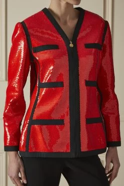 Chanel Red Sequined Collarless Zip Blazer -Fashion clothing 60CHX 102 3