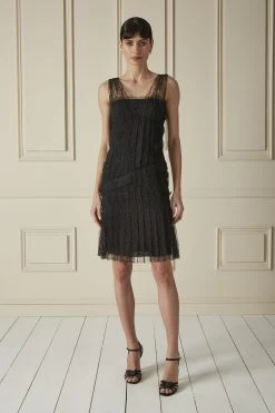 Chanel Black Sparkly Pleated Lace Midi Dress