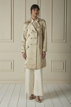 Chanel Beige Sateen Twill Double Breasted Trench Coat