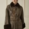 FENDI Brown Zucca Shearling Belted Coat