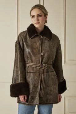 FENDI Brown Zucca Shearling Belted Coat