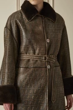 FENDI Brown Zucca Shearling Belted Coat -Fashion clothing 60FDW 010 3