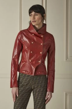 FENDI Red Goat Leather Moto Jacket