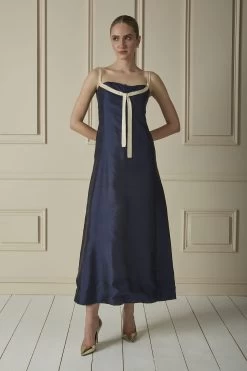 Navy Dupioni Silk Evening Gown