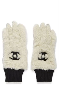 Chanel White Faux Fur 'CC' Gloves