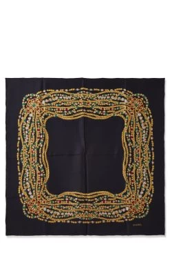 Chanel Black & Multicolored Silk Motif Scarf