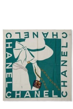 Chanel White & Green Silk Motif Scarf