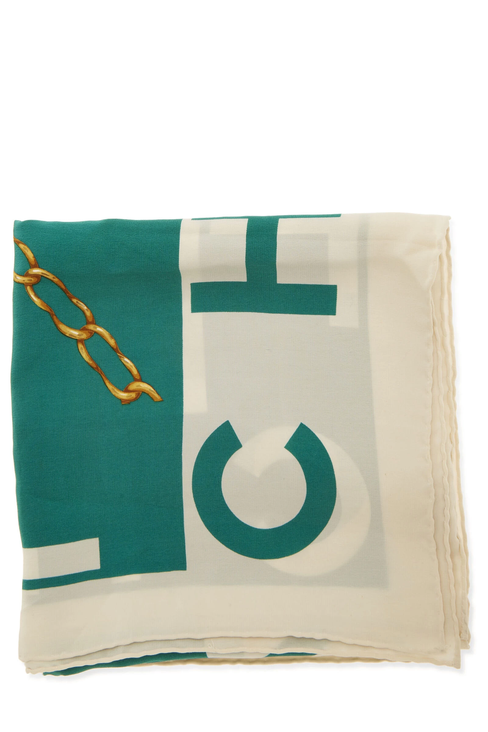 Chanel White & Green Silk Motif Scarf 2 Chanel White & Green Silk Motif Scarf - Image 2