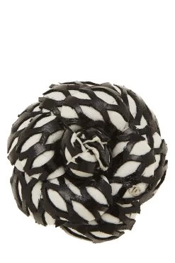 Chanel White & Black Leather Camellia Brooch