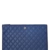 Chanel Blue Quilted Lambskin O Case Zip Pouch Large