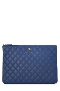 Chanel Blue Quilted Lambskin O Case Zip Pouch Large