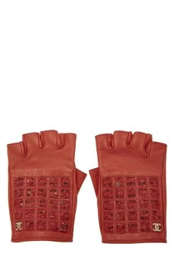 Chanel Red Lambskin & Tweed Fingerless Gloves