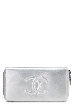Chanel Silver Leather 'CC' Zip Around Wallet