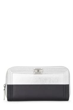 Chanel Metallic Silver & Black Lambskin Boy Wallet