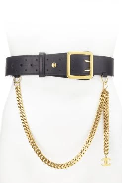 Chanel Black Leather & Gold Chain Belt 75