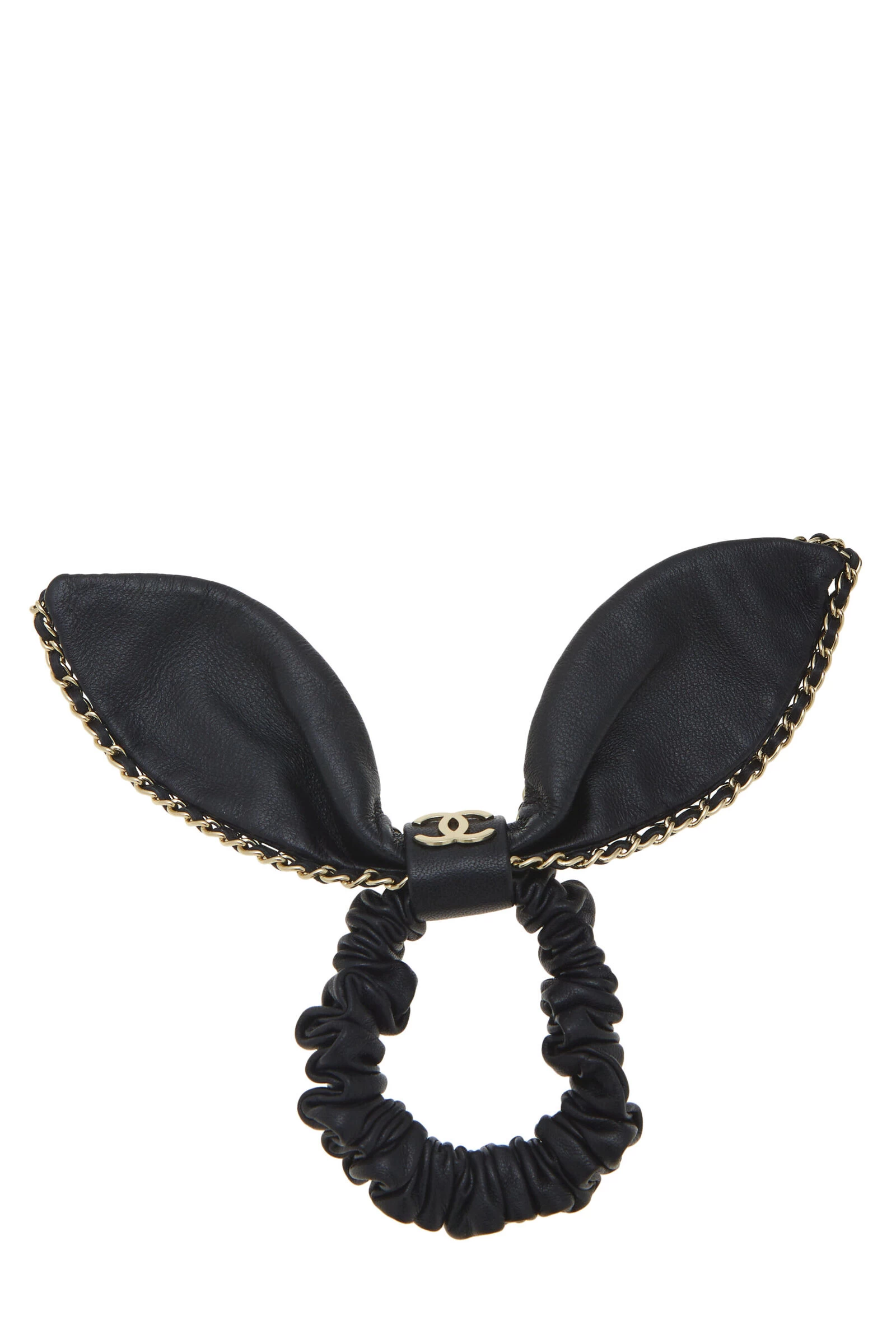 Chanel Black Lambskin & Gold Chain Hair Bow Tie 1 Chanel Black Lambskin & Gold Chain Hair Bow Tie