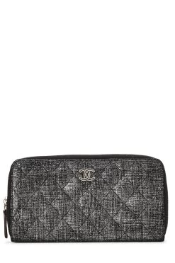 Chanel Metallic Silver & Black Quilted Fabric Zip-Around Wallet