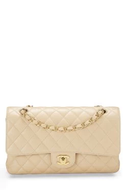 Chanel Beige Quilted Caviar Classic Double Flap Medium