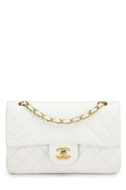 Chanel White Quilted Lambskin Classic Double Flap Small