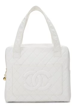 Chanel White Quilted Lambskin Top Handle Tote Mini