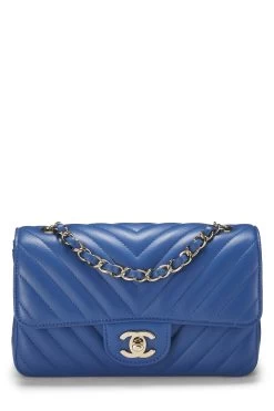 Chanel Blue Chevron Lambskin Rectangular Flap Mini