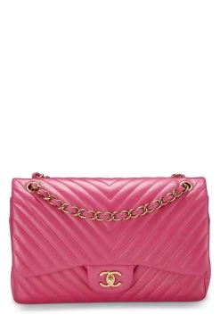 Chanel Pink Chevron Lambskin New Classic Double Flap Jumbo