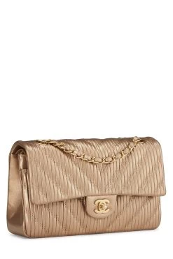 Chanel Gold Chevron Pleated Lambskin Classic Double Flap Medium -Fashion clothing Q6B2EB4ND0003 2