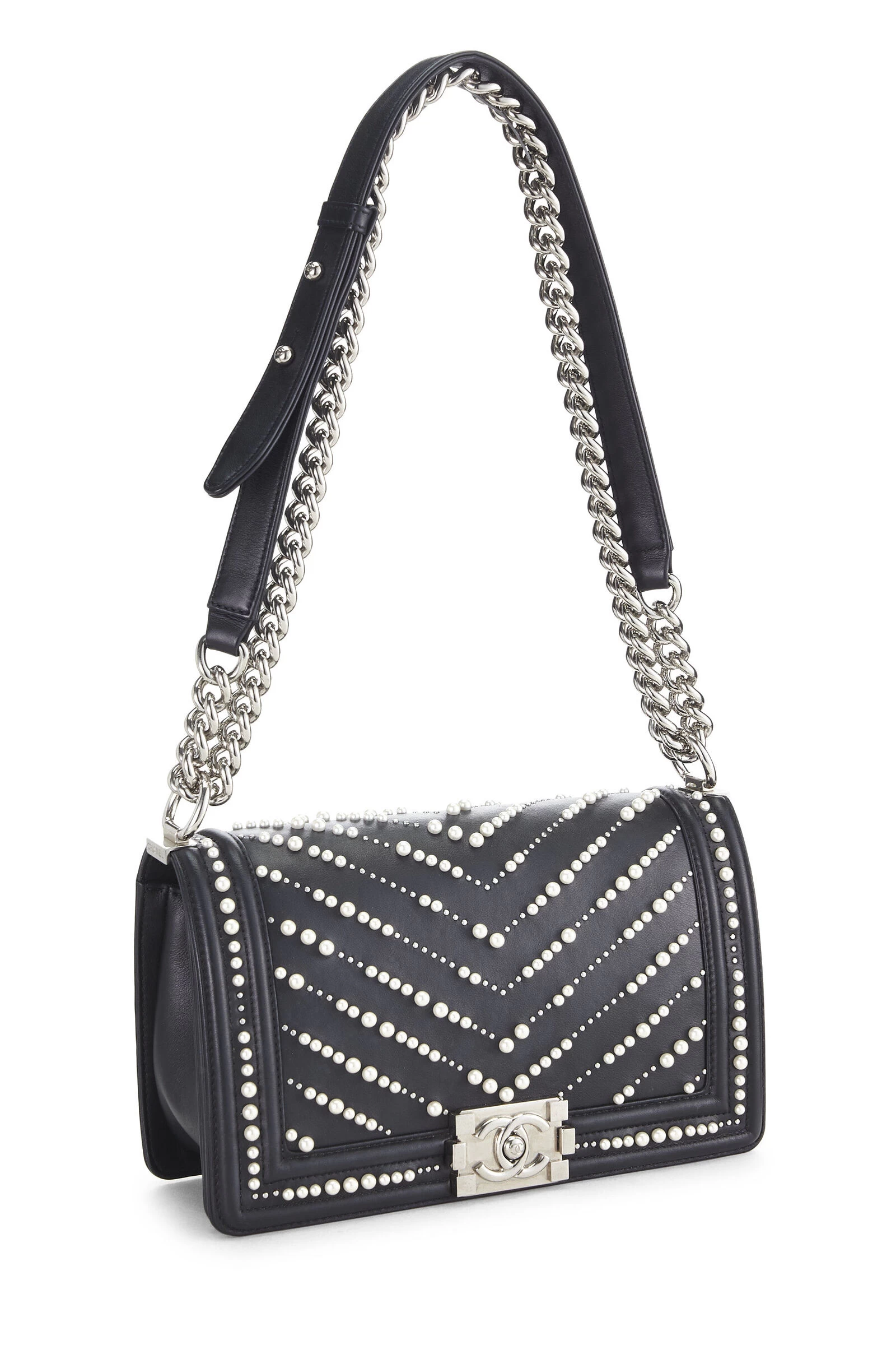 Chanel Black Calfskin Chevron Pearl Boy Bag Medium 2 Chanel Black Calfskin Chevron Pearl Boy Bag Medium - Image 2