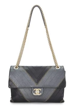 Chanel Black Calfskin Patchwork Chevron Flap Bag