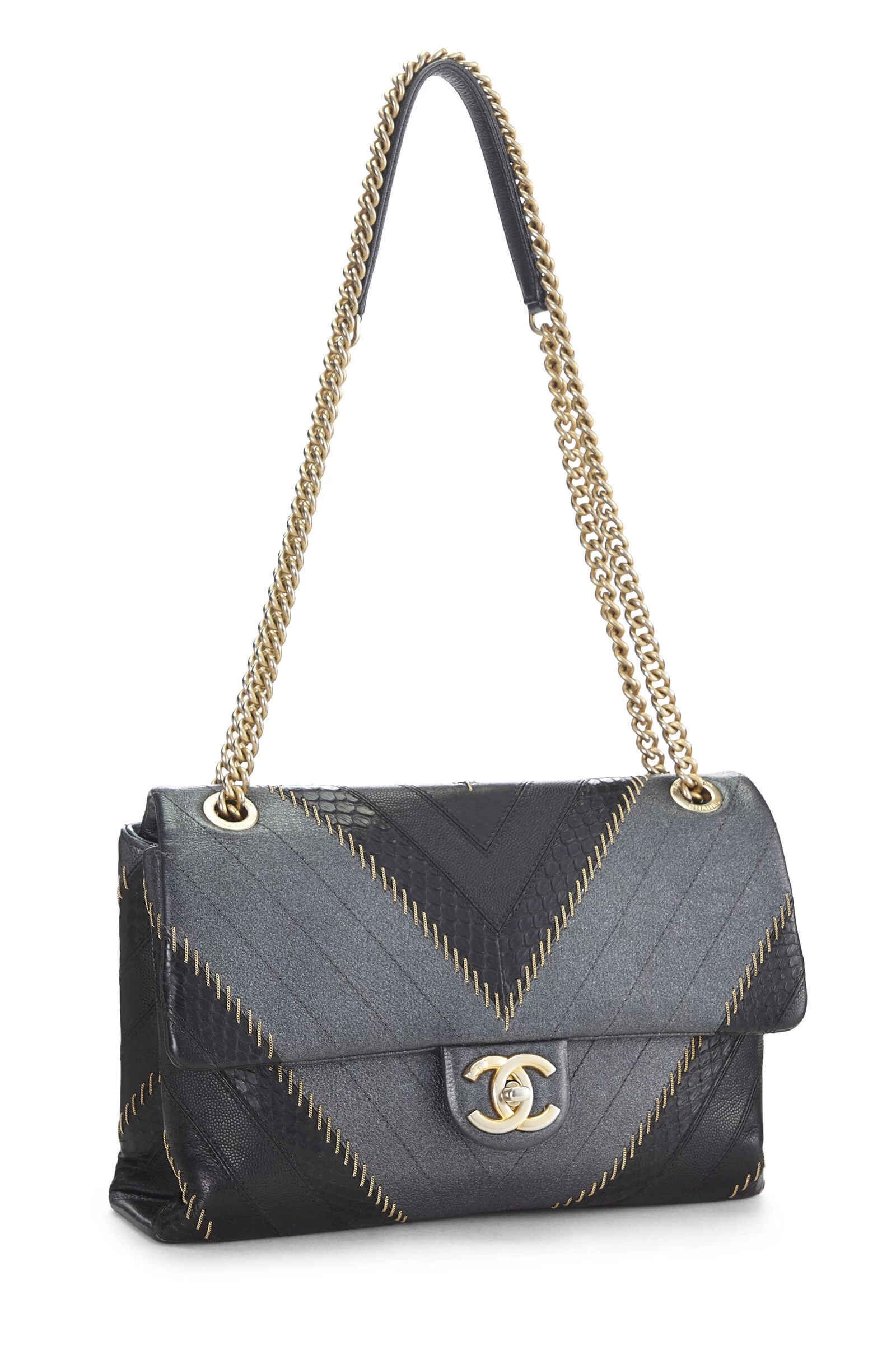 Chanel Black Calfskin Patchwork Chevron Flap Bag 2 Chanel Black Calfskin Patchwork Chevron Flap Bag - Image 2