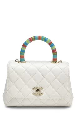 Chanel White Quilted Lambskin Rainbow Coco Handle Bag Mini