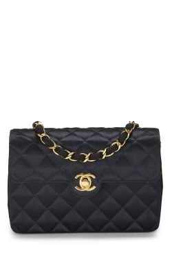 Chanel Black Quilted Satin Round Tab Flap Mini