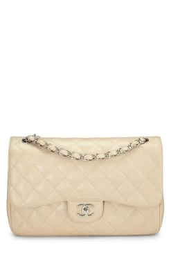 Chanel Beige Quilted Caviar New Classic Flap Jumbo