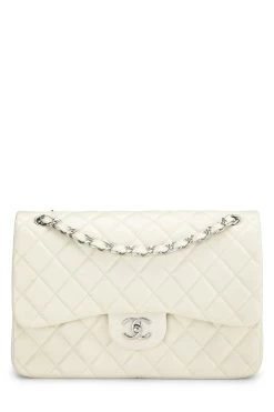 Chanel White Quilted Caviar New Classic Double Flap Jumbo