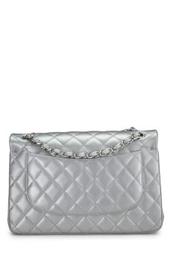 Chanel Metallic Silver Quilted Lambskin New Classic Double Flap Jumbo -Fashion clothing Q6BAQP1IV4000 4