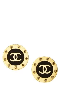 Chanel Gold & Black 'CC' Button Earrings XL