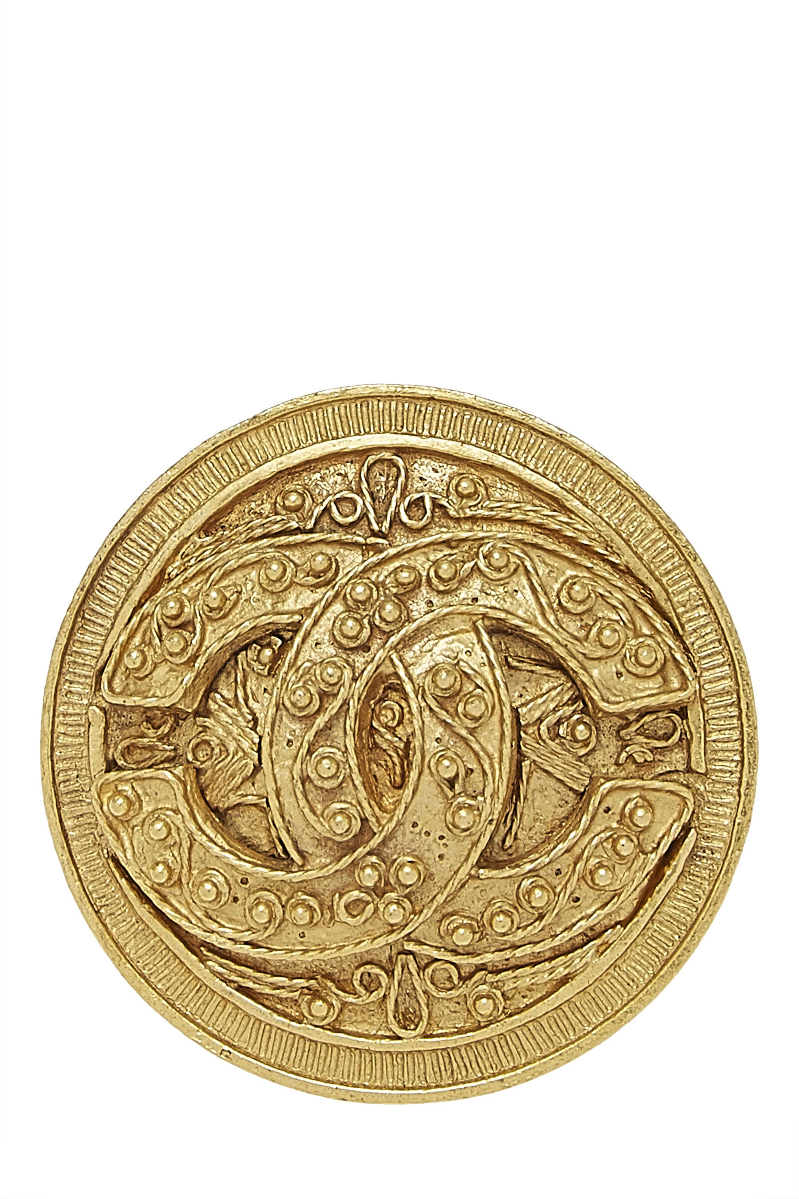 Chanel Gold Filigree 'CC' Round Pin 1 Chanel Gold Filigree 'CC' Round Pin