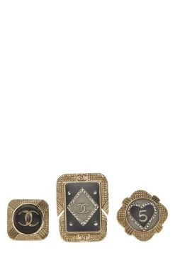 Chanel Black Enamel & Gold 'CC' Pin Set